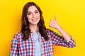 Portrait photo of cheerful optimistic young cute businesswoman thumb up like new low taxes decrease isolated on bright Royalty Free Stock Photo