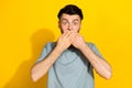 Portrait photo of funny impressed brunet man bristle cover mouth hands unexpected reaction crazy mistake work fail Royalty Free Stock Photo