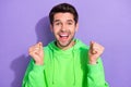 Portrait photo of hipster guy wear green stylish sweatshirt hands up unexpected winner lottery he millionnaire isolated