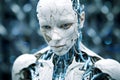 Portrait photo of incomplete humanoid android, covered in white porcelain skin, blue eyes, glowing internal parts Royalty Free Stock Photo