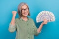 Portrait photo of mature aged pensioner business woman fist up celebrate much money dollars jackpot betting isolated on Royalty Free Stock Photo