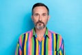 Portrait photo of mature serious face man grey beard wear striped colorful nice hairstyle want get new job vacancy