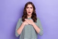 Portrait photo of scared grimace woman curly long hair unexpected reaction fear first time sleep solo  on pastel Royalty Free Stock Photo