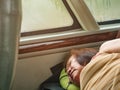 Portrait Photo of Senior asian womam Sleep on the Bus Royalty Free Stock Photo