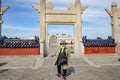 Portrait Photo of Senior asian women Walking in Temple of Heaven  or Tiantan in Chinese Name in beijing city Royalty Free Stock Photo