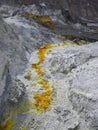 Yellow and white sulphur crystals on White Island in New Zealand