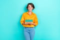 Portrait photo of young adorable gorgeous student woman hold many book wear smart casual clothes positive toothy smile Royalty Free Stock Photo