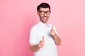 Portrait photo of young attractive handsome man wear glasses showing pointing fingers you flirt blink eye isolated on Royalty Free Stock Photo