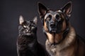 Cat and dog on a black background. Portrait of a German Shepherd. Generative AI.