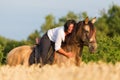 Portrait of a woman on an Andalusian horse Royalty Free Stock Photo