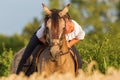 Portrait of a woman on an Andalusian horse Royalty Free Stock Photo