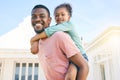 Portrait, piggy back and black father with girl, happiness and quality time outdoor, fun and playful. Face, family or