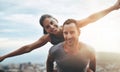 Portrait, piggy back and couple with adventure, outdoor and lens flare with happiness, love and bonding. Face, man