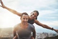 Portrait, piggy back and couple with happiness, outdoor and lens flare with freedom, love and adventure. Face, man