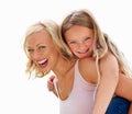 Portrait, piggy back or mother with girl, funny or love with happiness, bonding together or outdoor. Face, family or