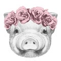 Portrait of Piggy with floral head wreath.