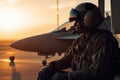 Portrait of a pilot sitting in front of the airplane at sunset, Fighter Jet pilots wearing full gear and standing in different