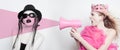 Pink princess with megaphone protested Royalty Free Stock Photo