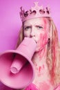 Pink princess with megaphone protested Royalty Free Stock Photo