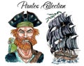 Portrait of pirate captain with pipe, parrot and ship