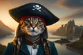 Portrait of a pirate cat on the background of the ocean. AI generated