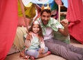 Portrait, play or dad with princess in home in a bedroom fort with crown costume, girl or parent. Family castle Royalty Free Stock Photo