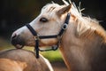 Portrait of a playful horse of a palomino race, which gently laid its head on the croup of another horse on a sunny summer day