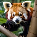 A portrait of a playful red panda climbing a tree in a bamboo forest2