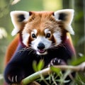 A portrait of a playful red panda climbing a tree in a bamboo forest1