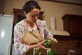 Portrait of pleasant multiethnic woman, housewife cooking pickled cucumbers and different vegetables in the home kitchen