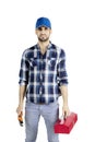 Plumber man holds tool box on studio Royalty Free Stock Photo