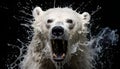 Portrait of a polar bear on a black background in splashes of water