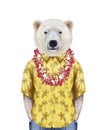 Portrait of Polar Bear in summer shirt with Hawaiian Lei.