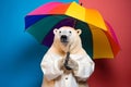 Portrait of a polar bear wearing a raincoat and an umbrella in studio, colorful background. Autumn concept. Generative AI