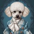 Portrait of a poodle in a blue jacket and scarf.