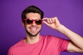 Portrait of positive candid macho man touch cool stylish specs look good attract beautiful women wear stylish clothes Royalty Free Stock Photo