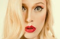 Portrait of positive cheerful amazed girl. Retro pin up make up - close up. Fashion. Beautiful blonde woman with retro Royalty Free Stock Photo