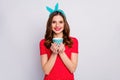 Portrait of positive cheerful calm peaceful girl enjoy hot cafeine beverage mug wear good look outfit isolated over grey