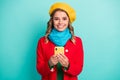 Portrait of positive cheerful girl use cellphone enjoy online social media communication post comment repost wear