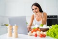 Portrait of positive cheerful housewife use her laptop searching cookery information watch culinary movies want prepare Royalty Free Stock Photo