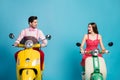 Portrait of positive cute boyfriend girlfriend biker ride motorbike look enjoy riding vacation journey route wear