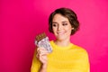 Portrait of positive dreamy girl hold chocolate milky bar look want eat snack bite lips wear style stylish trendy jumper