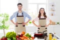 Portrait of positive friendship spouses put hands waist confident ready cook tasty delicious meal lunch dish in kitchen