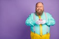 Portrait of positive gentleman blogger with big belly use cellphone enjoy texting typing social media feedback wear Royalty Free Stock Photo