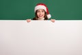 Portrait of positive lady empty space x-mas proposition billboard ad isolated on green color background