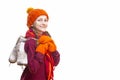 Portrait of Positive Laughing Caucasian Girl in Winter Clothes Posing with Ice Skates In Both Hands Against Pure White Background Royalty Free Stock Photo