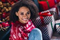 Portrait of positive lovely young person toothy smile have good mood pile stack festive giftbox house indoors