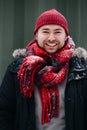 Portrait of a positive middle age man in snowy winter clothes Royalty Free Stock Photo