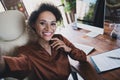 Portrait of positive pretty lady recruiter sitting chair take selfie toothy smile workplace desk business center inside Royalty Free Stock Photo