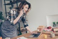 Portrait positive stylish trendy lady vendor busy content cheerful use device wireless connection floral consumerism 8 Royalty Free Stock Photo